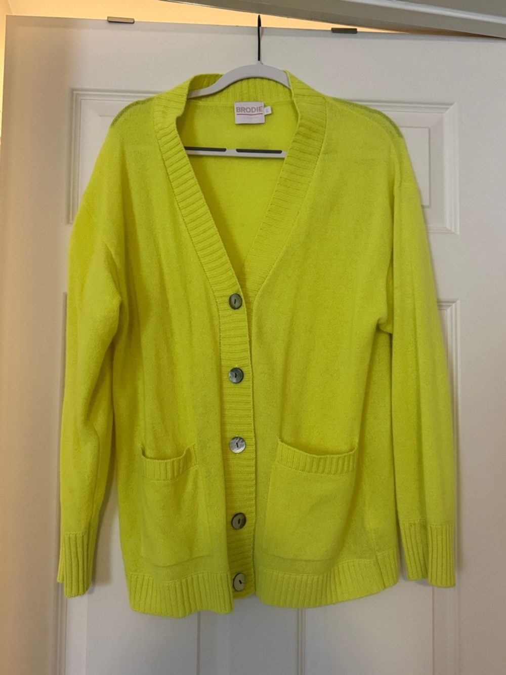 Brodie Cashmere Neon Yellow Button-Front Cashmere Cardigan